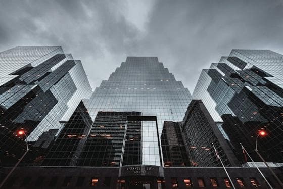 Black and white skyscrapers seen from below