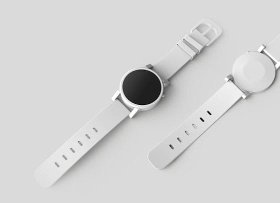 White smartwatch product shot on a grey background