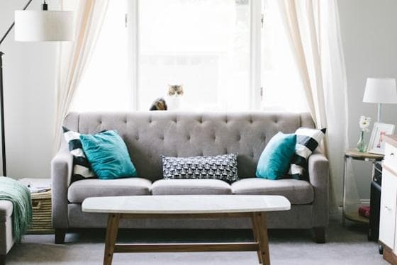 Grey sofa with teal cushions in a bright living room