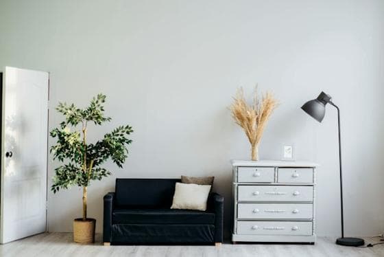 Minimal living room with a plant, sideboard and lamp